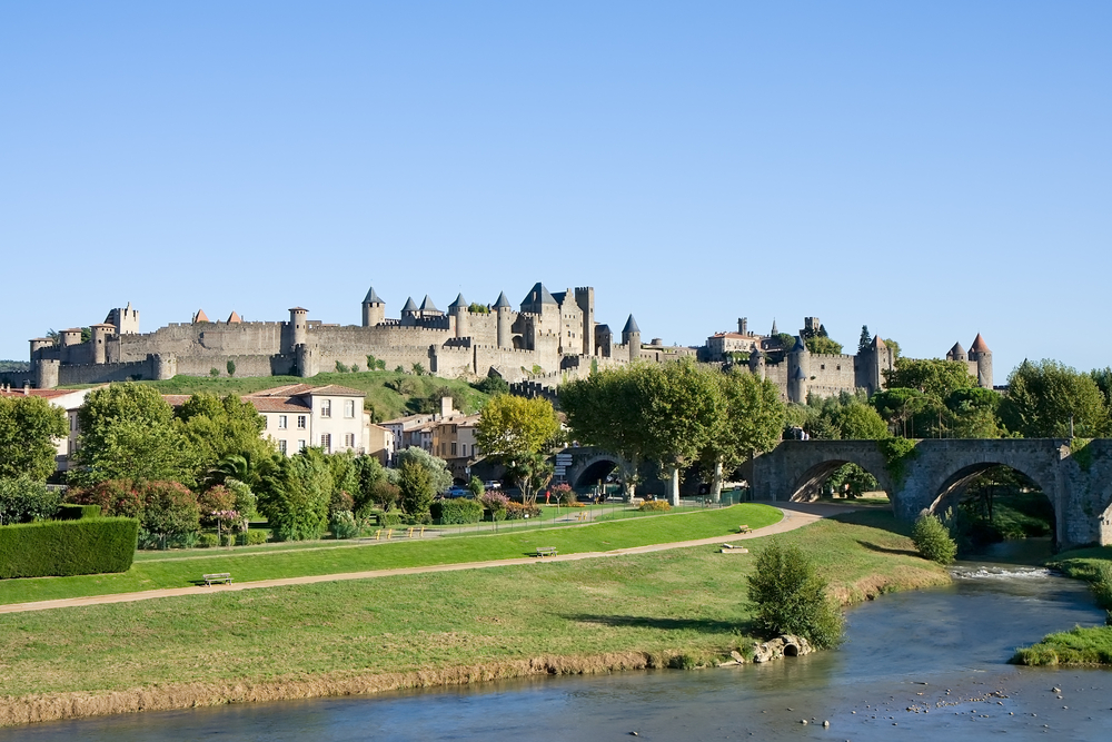 Distant view of the fortified city of Carcassonne